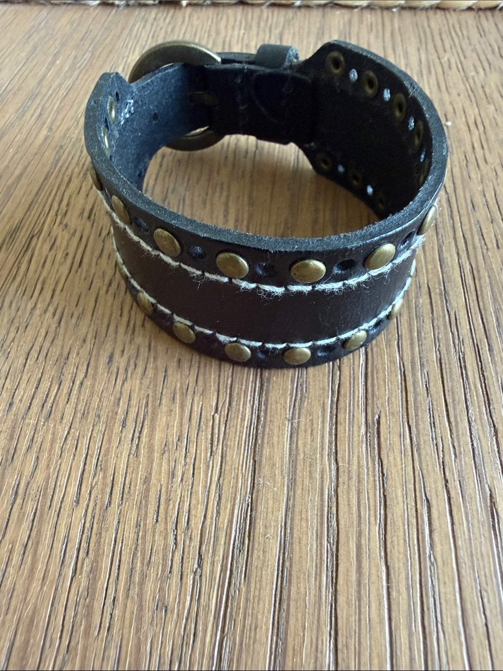 Men's Black Leather Studded Bracelet with Brass Rivets
